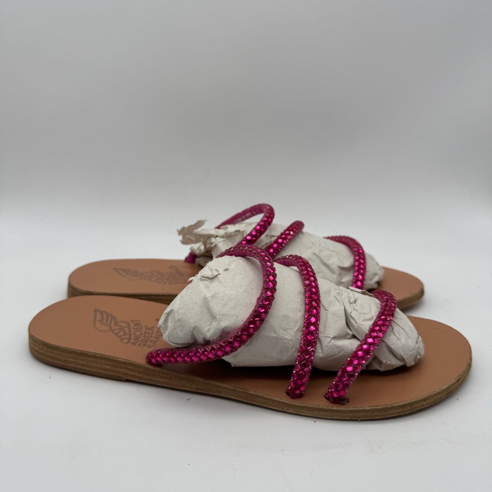 Ancient Greek Sandals Pink Rhinestone Leather Slides Handmade Greece Womens 38